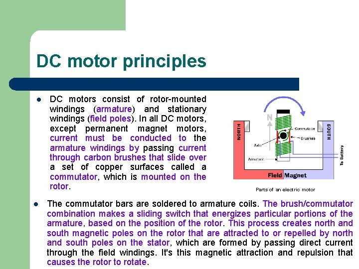 DC motor principles l l DC motors consist of rotor-mounted windings (armature) and stationary