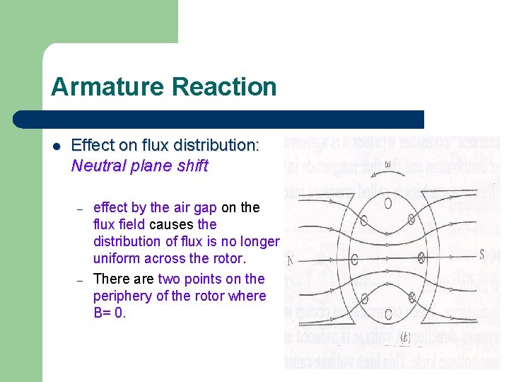Armature Reaction l Effect on flux distribution: Neutral plane shift – – effect by