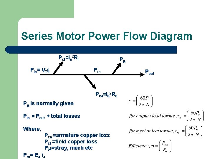 Series Motor Power Flow Diagram Pcf=ia 2 Rf Pin= VTi. L P Pm Pca=ia