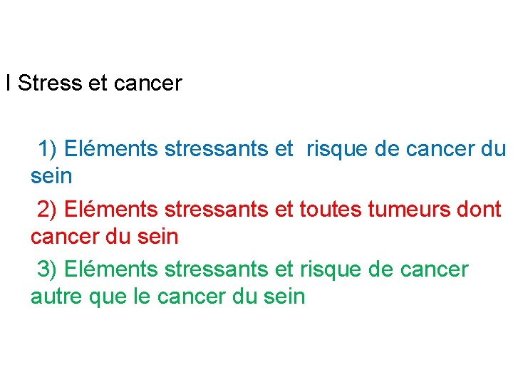 I Stress et cancer 1) Eléments stressants et risque de cancer du sein 2)