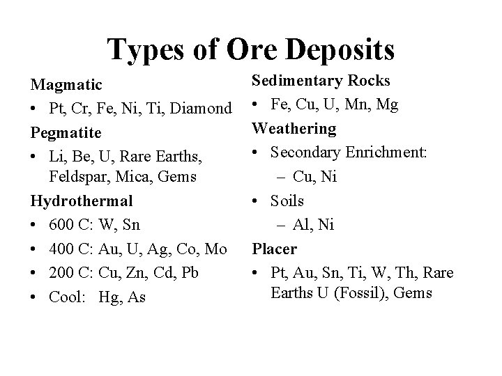 Types of Ore Deposits Magmatic • Pt, Cr, Fe, Ni, Ti, Diamond Pegmatite •