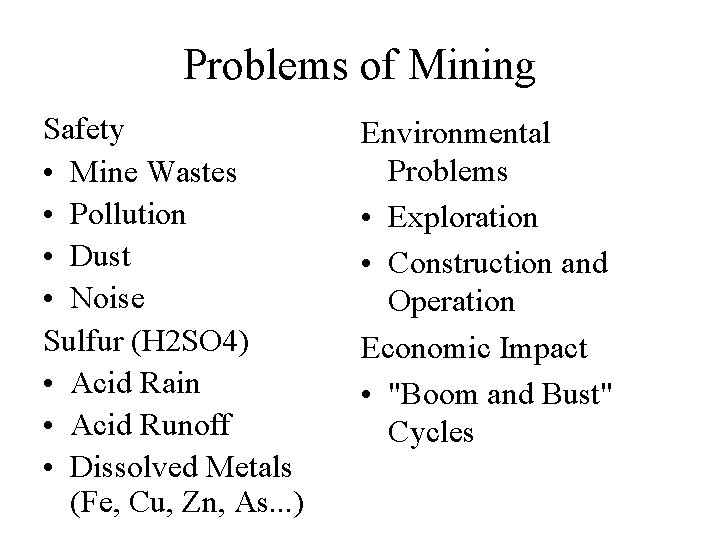 Problems of Mining Safety • Mine Wastes • Pollution • Dust • Noise Sulfur
