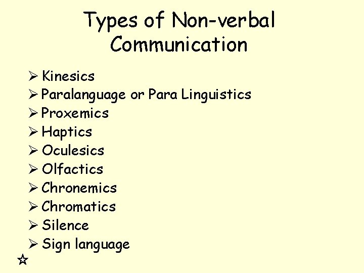 Types of Non-verbal Communication Ø Kinesics Ø Paralanguage or Para Linguistics Ø Proxemics Ø