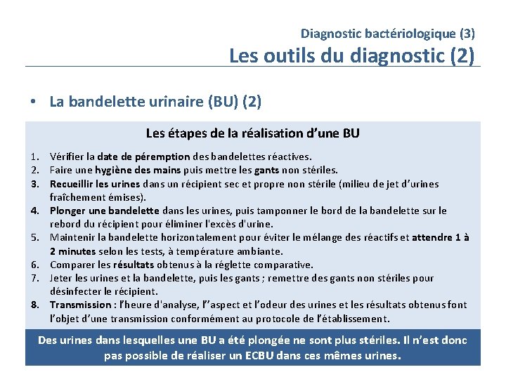 Diagnostic bactériologique (3) Les outils du diagnostic (2) • La bandelette urinaire (BU) (2)