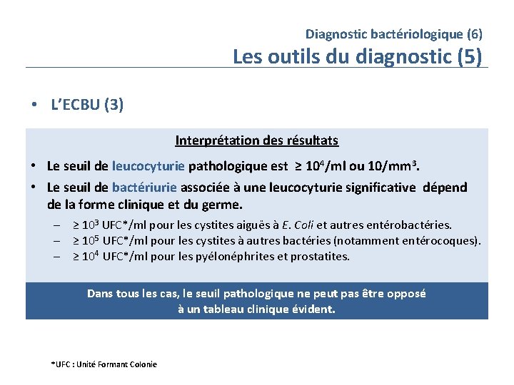 Diagnostic bactériologique (6) Les outils du diagnostic (5) • L’ECBU (3) Interprétation des résultats