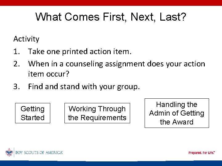 What Comes First, Next, Last? Activity 1. Take one printed action item. 2. When