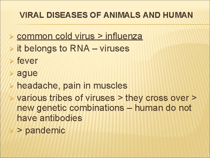 VIRAL DISEASES OF ANIMALS AND HUMAN common cold virus > influenza Ø it belongs