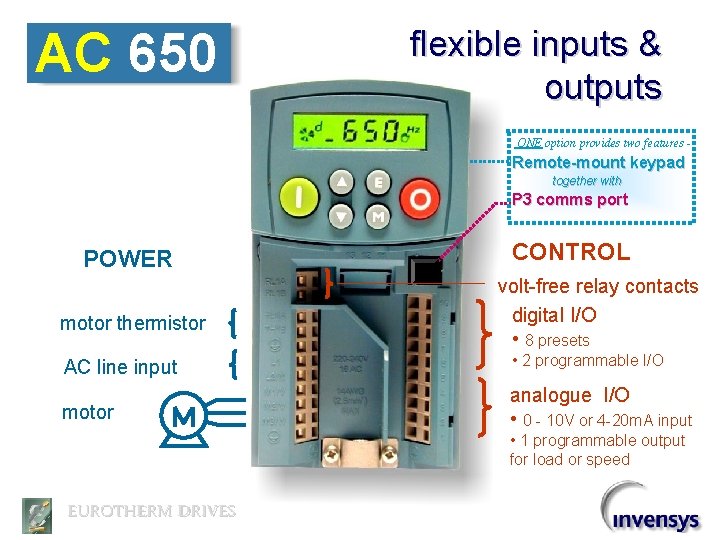 AC 650 flexible inputs & outputs ONE option provides two features - Remote-mount keypad