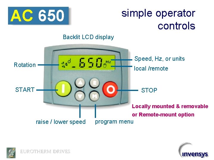 simple operator controls AC 650 Backlit LCD display Speed, Hz, or units Rotation local