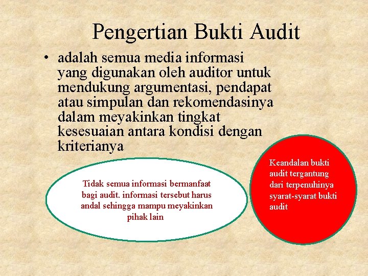 Pengertian Bukti Audit • adalah semua media informasi yang digunakan oleh auditor untuk mendukung