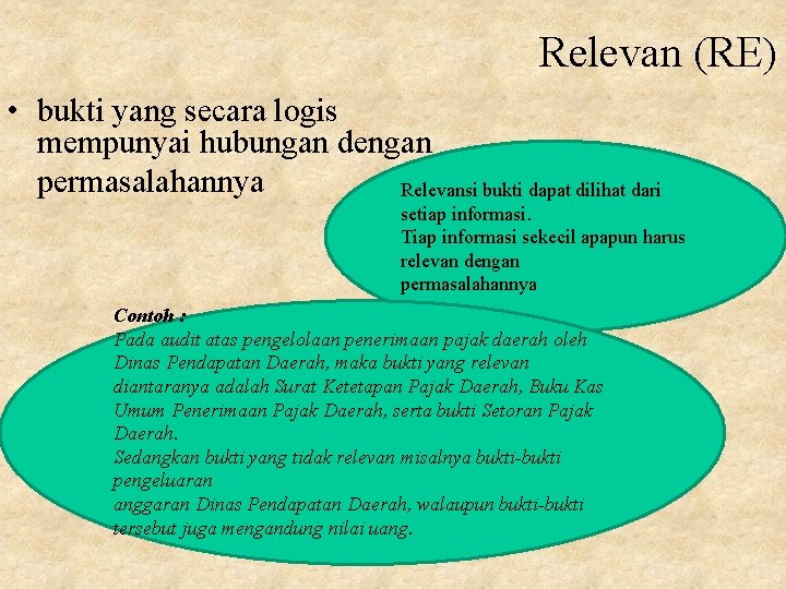 Relevan (RE) • bukti yang secara logis mempunyai hubungan dengan permasalahannya Relevansi bukti dapat