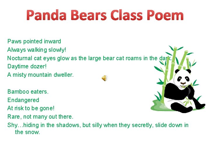Panda Bears Class Poem Paws pointed inward Always walking slowly! Nocturnal cat eyes glow