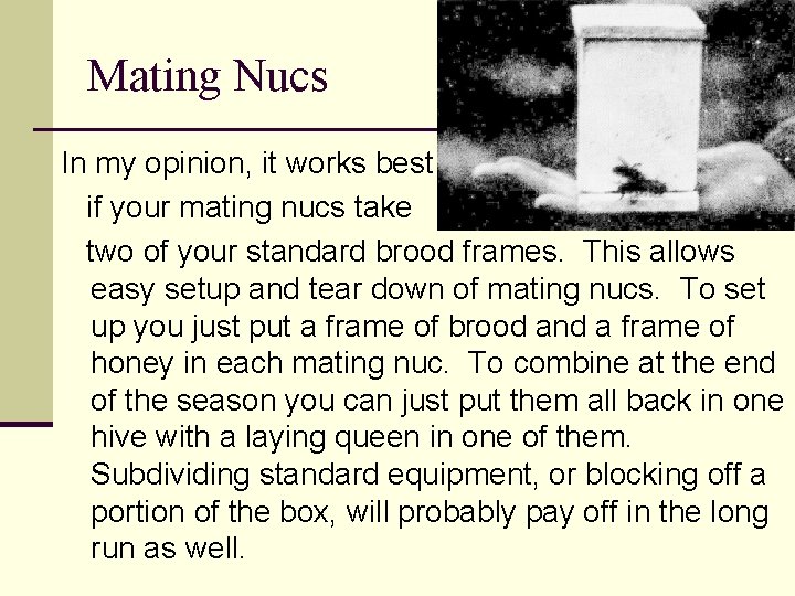 Mating Nucs In my opinion, it works best if your mating nucs take two