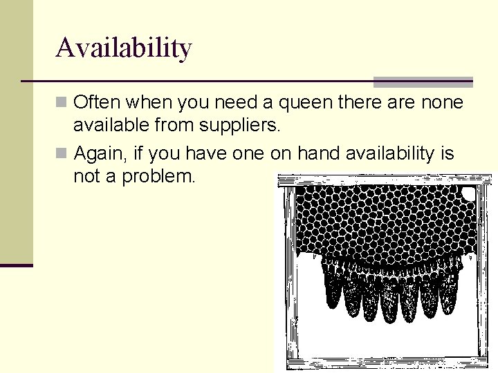 Availability Often when you need a queen there are none available from suppliers. Again,