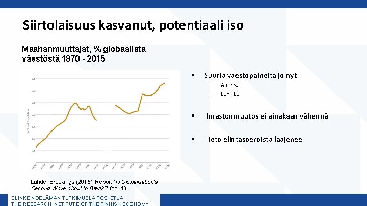 Siirtolaisuus kasvanut, potentiaali iso Maahanmuuttajat, % globaalista väestöstä 1870 - 2015 • Suuria väestöpaineita