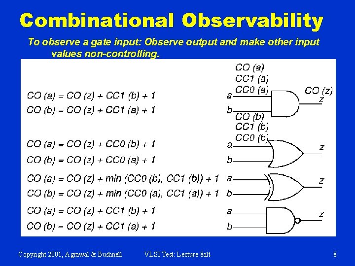 Combinational Observability To observe a gate input: Observe output and make other input values