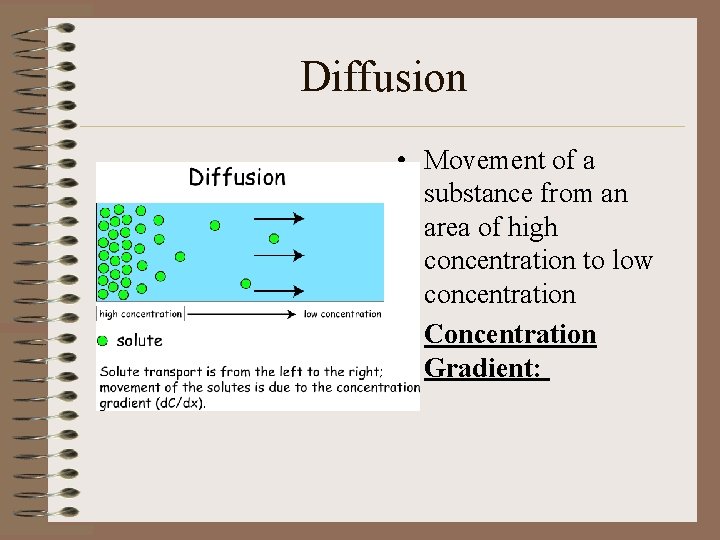 Diffusion • Movement of a substance from an area of high concentration to low