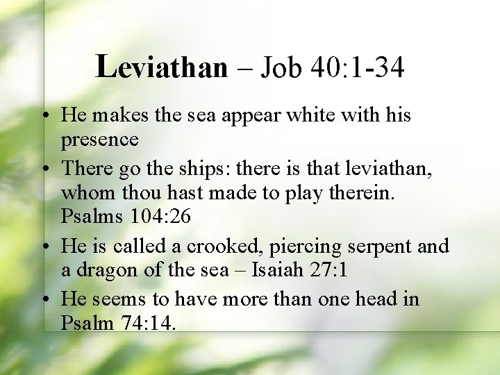 Leviathan – Job 40: 1 -34 • He makes the sea appear white with