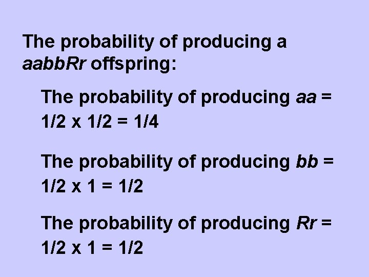 The probability of producing a aabb. Rr offspring: The probability of producing aa =