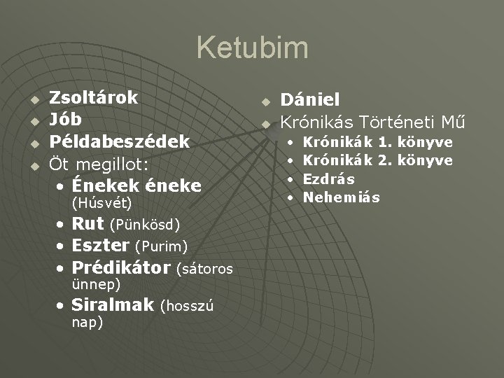 Ketubim u u Zsoltárok Jób Példabeszédek Öt megillot: • Énekek éneke (Húsvét) • •