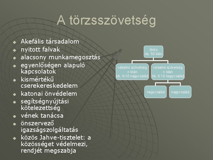 A törzsszövetség u u u u u Akefális társadalom nyitott falvak alacsony munkamegosztás egyenlőségen