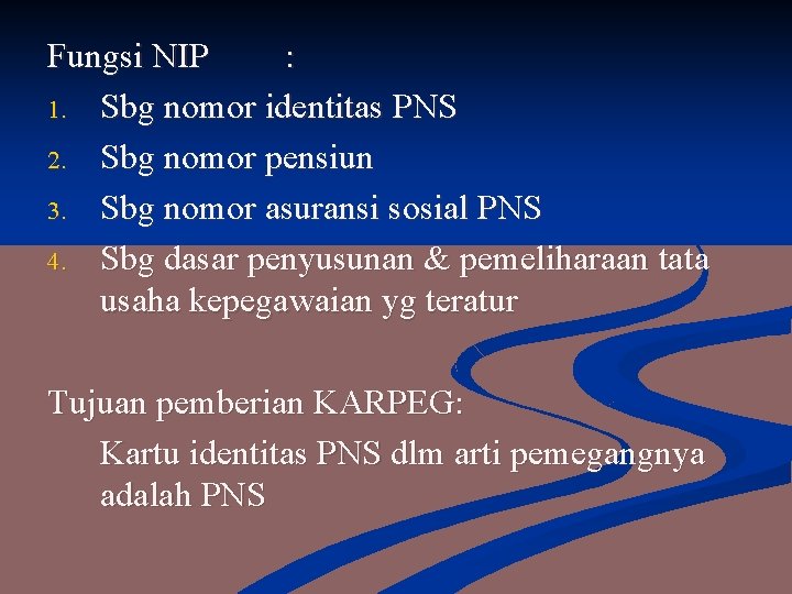 Fungsi NIP : 1. Sbg nomor identitas PNS 2. Sbg nomor pensiun 3. Sbg
