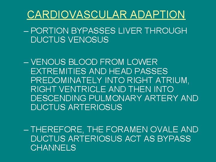 CARDIOVASCULAR ADAPTION – PORTION BYPASSES LIVER THROUGH DUCTUS VENOSUS – VENOUS BLOOD FROM LOWER