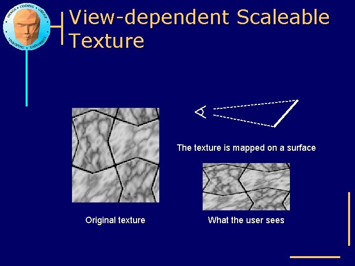 View-dependent Scaleable Texture The texture is mapped on a surface Original texture What the