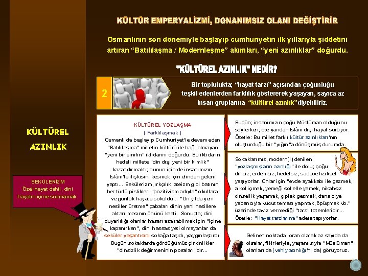 Osmanlının son dönemiyle başlayıp cumhuriyetin ilk yıllarıyla şiddetini artıran “Batılılaşma / Modernleşme” akımları, “yeni