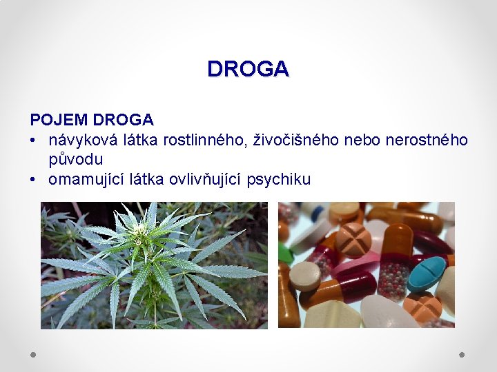 DROGA POJEM DROGA • návyková látka rostlinného, živočišného nebo nerostného původu • omamující látka