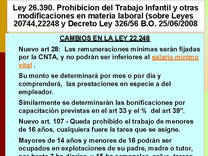 Ley 26. 390. Prohibicion del Trabajo Infantil y otras modificaciones en materia laboral (sobre