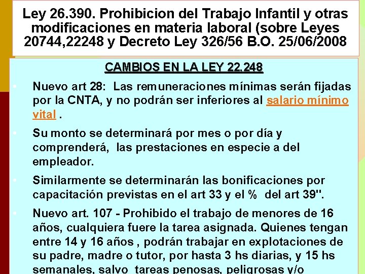 Ley 26. 390. Prohibicion del Trabajo Infantil y otras modificaciones en materia laboral (sobre