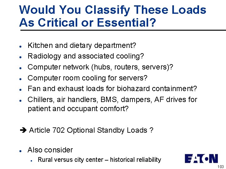 Would You Classify These Loads As Critical or Essential? l l l Kitchen and