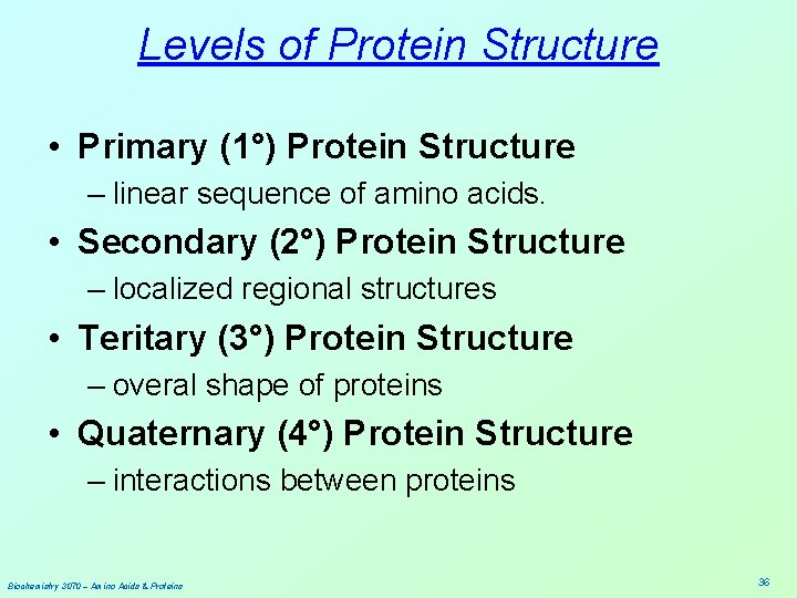 Levels of Protein Structure • Primary (1°) Protein Structure – linear sequence of amino