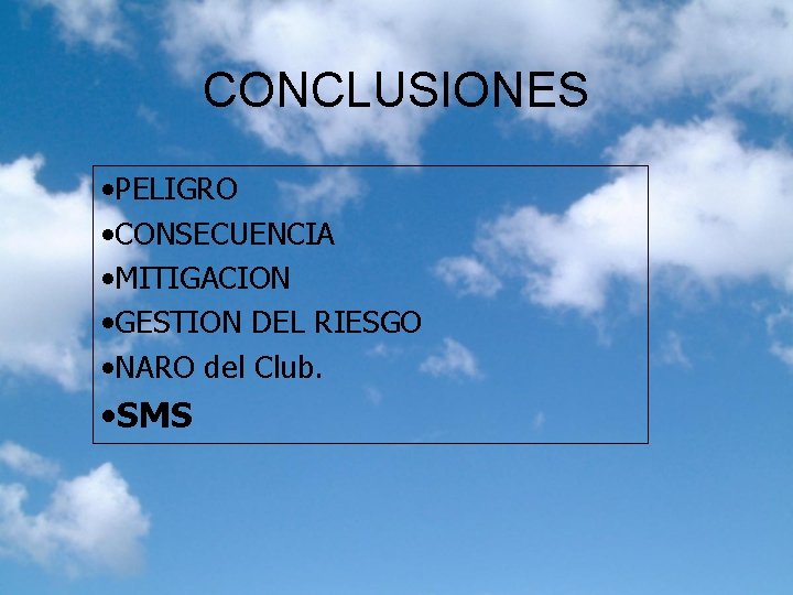 CONCLUSIONES • PELIGRO • CONSECUENCIA • MITIGACION • GESTION DEL RIESGO • NARO del