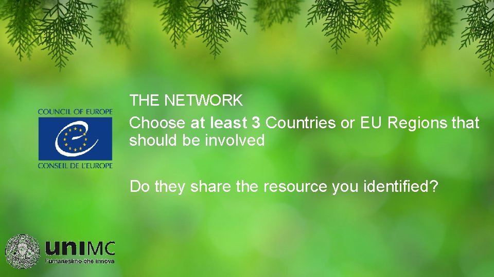 THE NETWORK Choose at least 3 Countries or EU Regions that should be involved