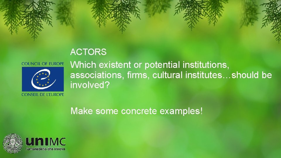 ACTORS Which existent or potential institutions, associations, firms, cultural institutes…should be involved? Make some