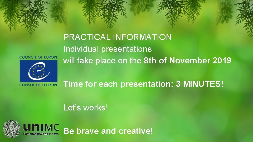 PRACTICAL INFORMATION Individual presentations will take place on the 8 th of November 2019