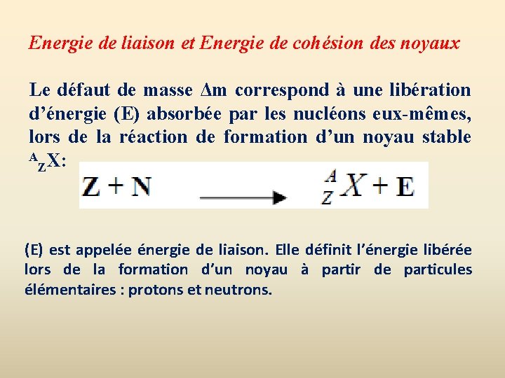 Energie de liaison et Energie de cohésion des noyaux Le défaut de masse Δm