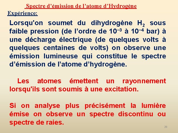  Spectre d’émission de l’atome d’Hydrogène Expérience: Lorsqu'on soumet du dihydrogène H 2 sous