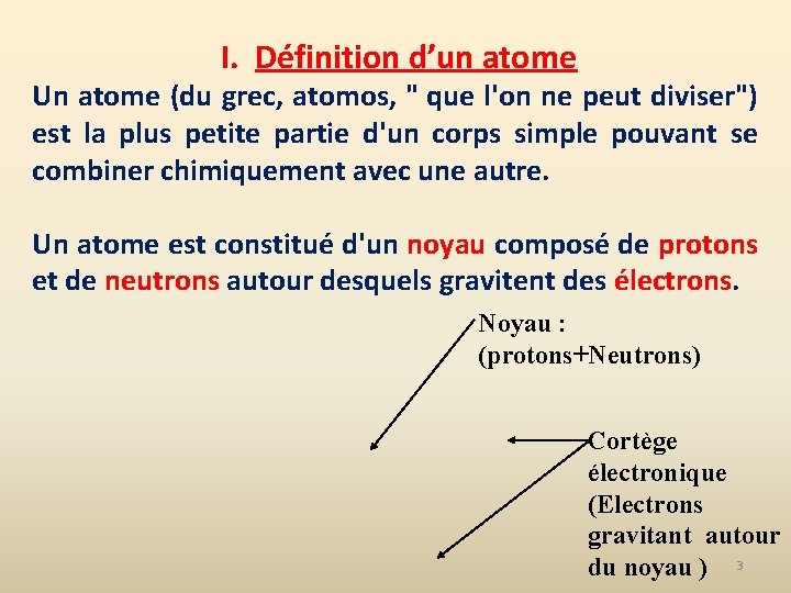 I. Définition d’un atome Un atome (du grec, atomos, " que l'on ne peut