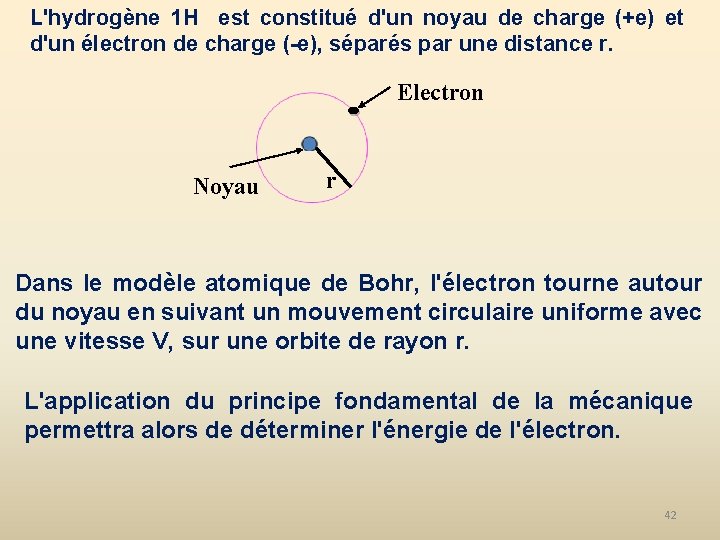 L'hydrogène 1 H est constitué d'un noyau de charge (+e) et d'un électron de