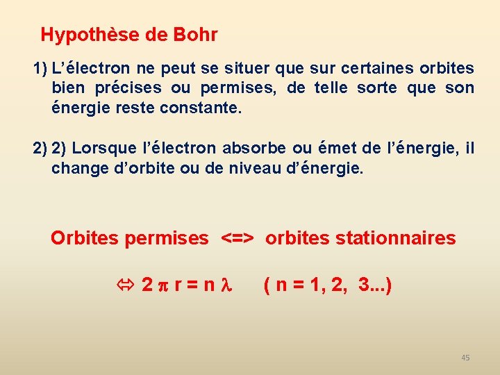 Hypothèse de Bohr 1) L’électron ne peut se situer que sur certaines orbites bien