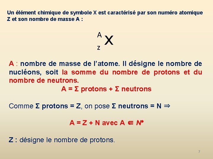 Un élément chimique de symbole X est caractérisé par son numéro atomique Z et