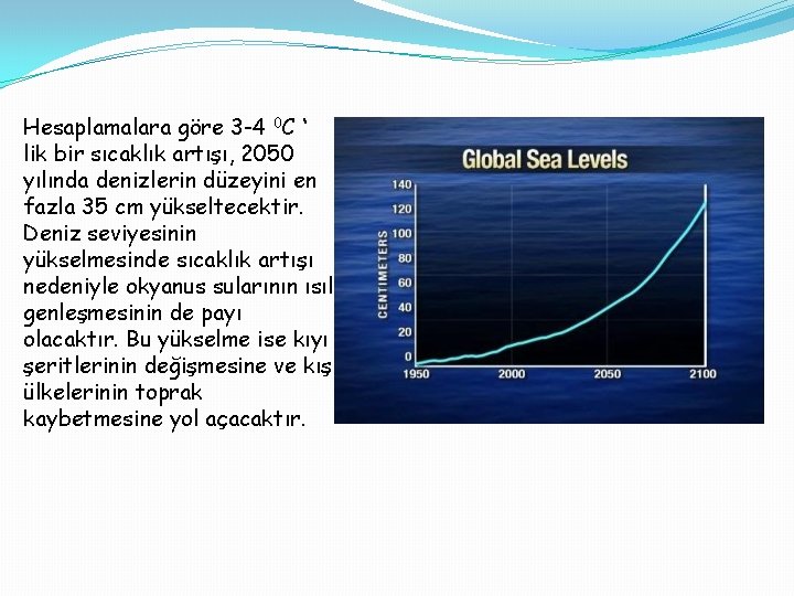 Hesaplamalara göre 3 -4 0 C ‘ lik bir sıcaklık artışı, 2050 yılında denizlerin