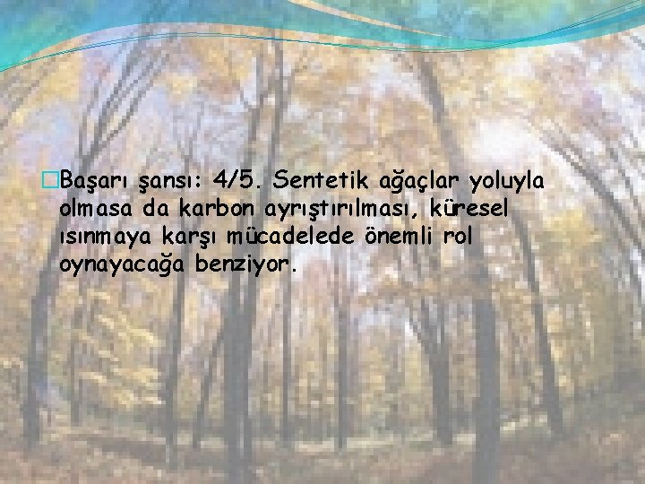 �Başarı şansı: 4/5. Sentetik ağaçlar yoluyla olmasa da karbon ayrıştırılması, küresel ısınmaya karşı mücadelede