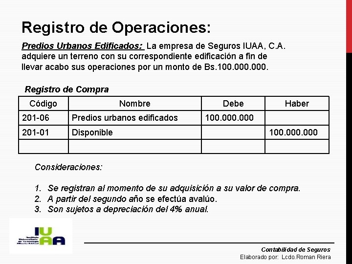 Registro de Operaciones: Predios Urbanos Edificados: La empresa de Seguros IUAA, C. A. adquiere