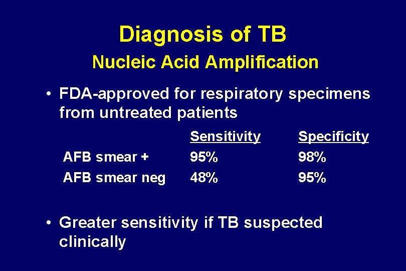 Diagnosis of TB Nucleic Acid Amplification • FDA-approved for respiratory specimens from untreated patients