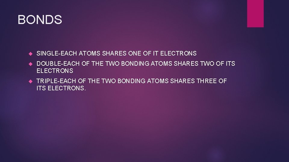 BONDS SINGLE-EACH ATOMS SHARES ONE OF IT ELECTRONS DOUBLE-EACH OF THE TWO BONDING ATOMS