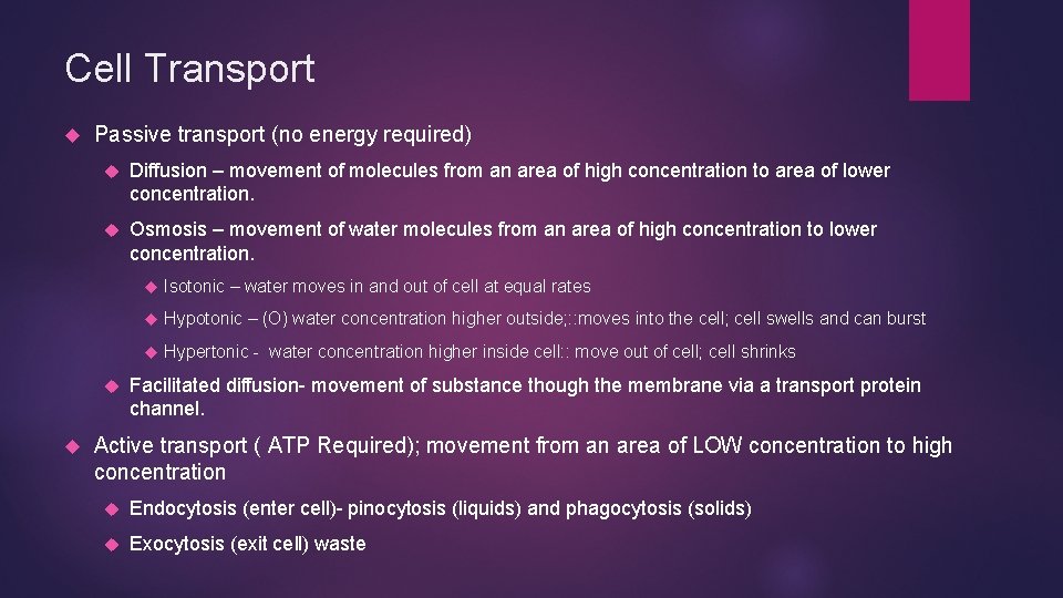 Cell Transport Passive transport (no energy required) Diffusion – movement of molecules from an